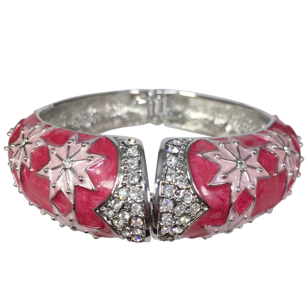 Pink Star Enamel Rhinestone Statement Hinged Bangle Bracelet
